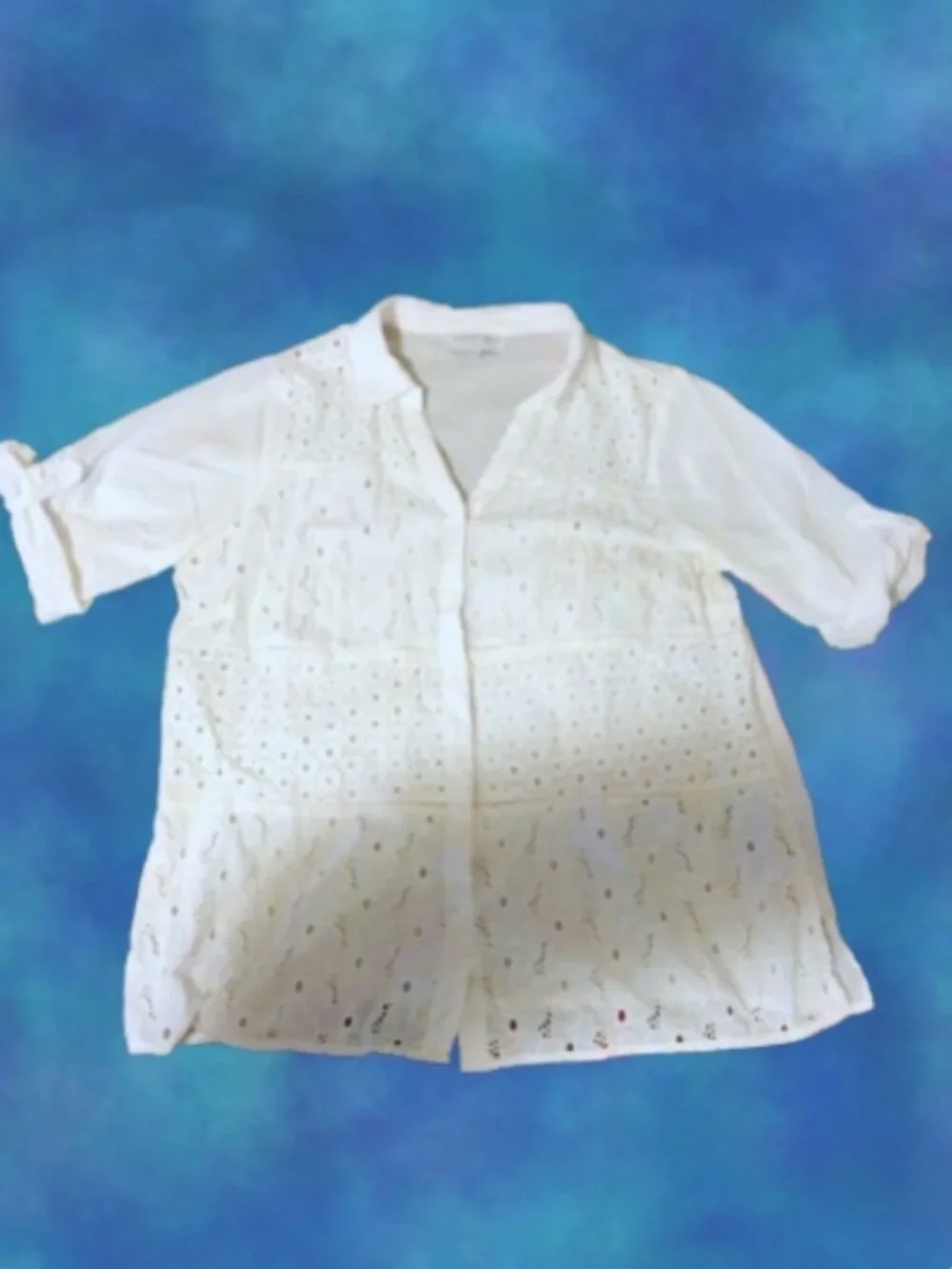 August Silk White Embroidered Eyelet Button Up Shirt Plus 1X Cottagecore Coastal